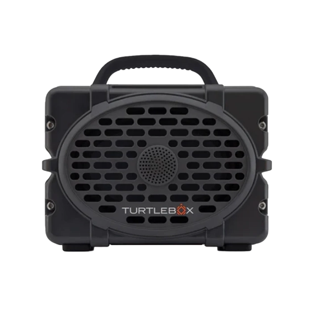 Black portable speaker with a handle and a mesh front design.