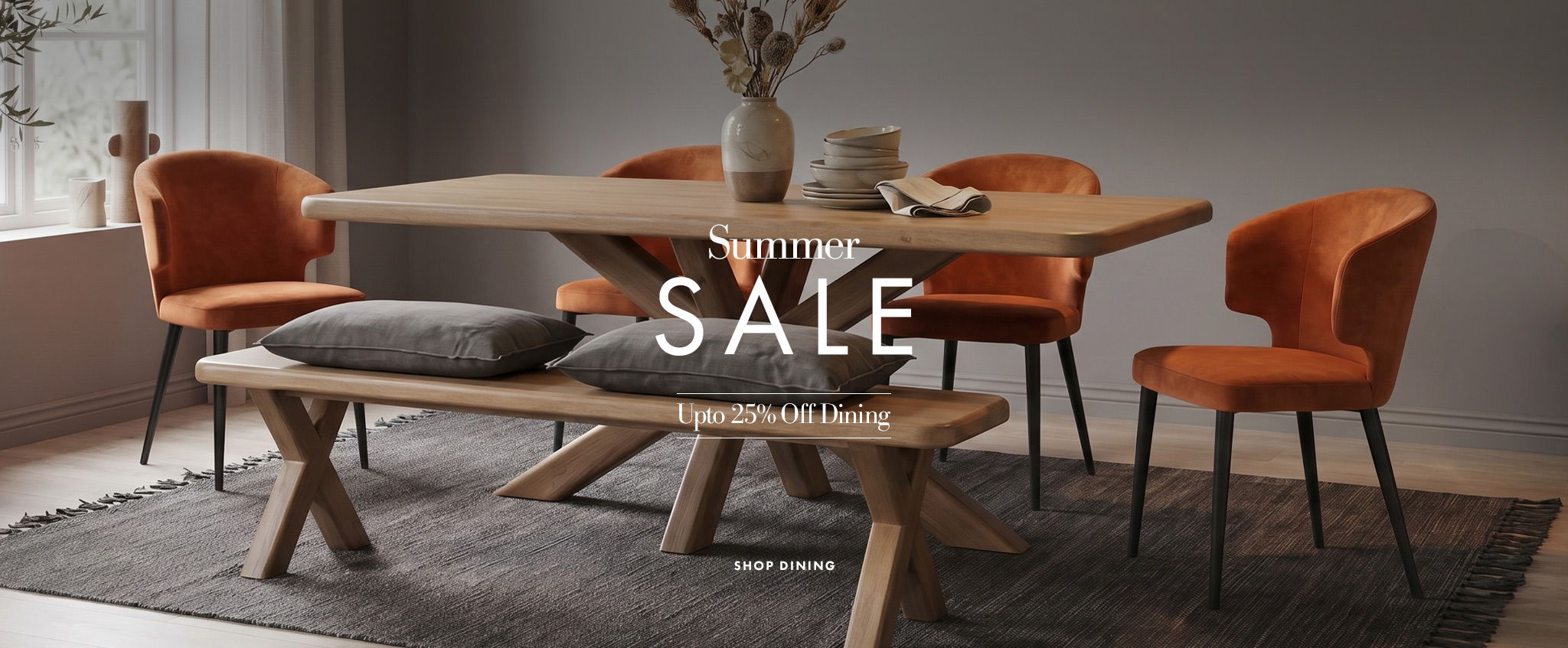 Orange velvet dining chairs with oak dining bench - Sale now on at BF Home