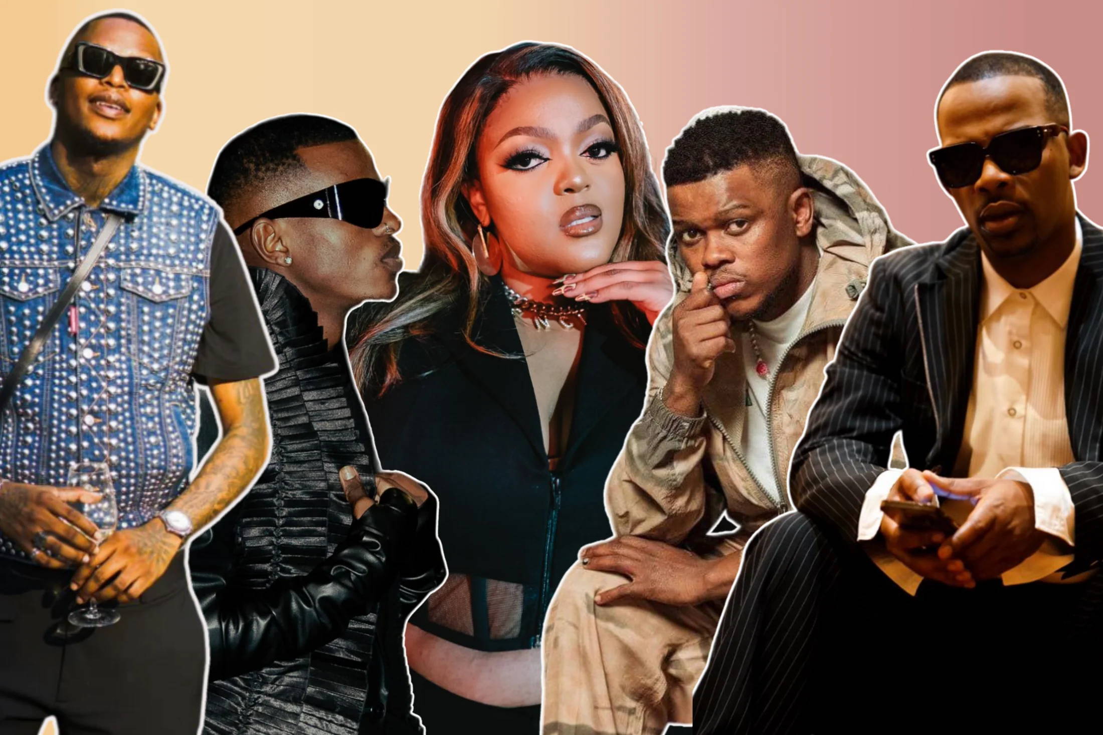 A collage of musicians- Oscar Mbo, Musa Keys, DBN Gogo, Murda Bongz and Zakes Bantwini