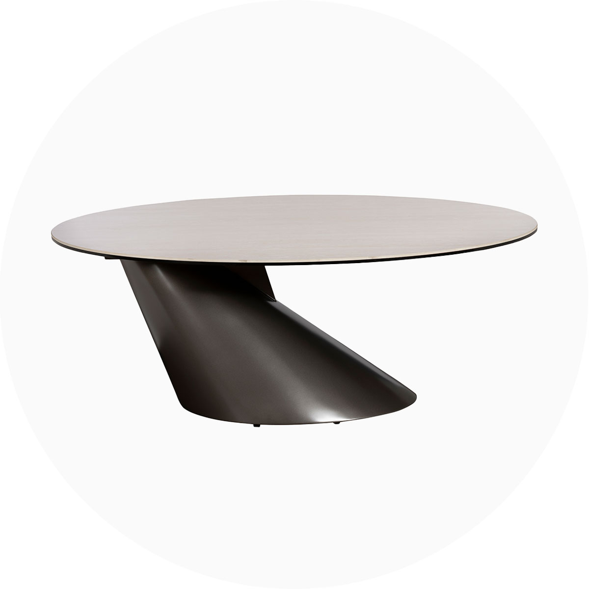 Modern oval coffee table with a sleek, curved metal base and marble top