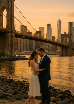 Couple embracing during a sunset engagement photoshoot at Brooklyn Bridge Park with the Brooklyn Bridge and Manhattan skyline in the background.