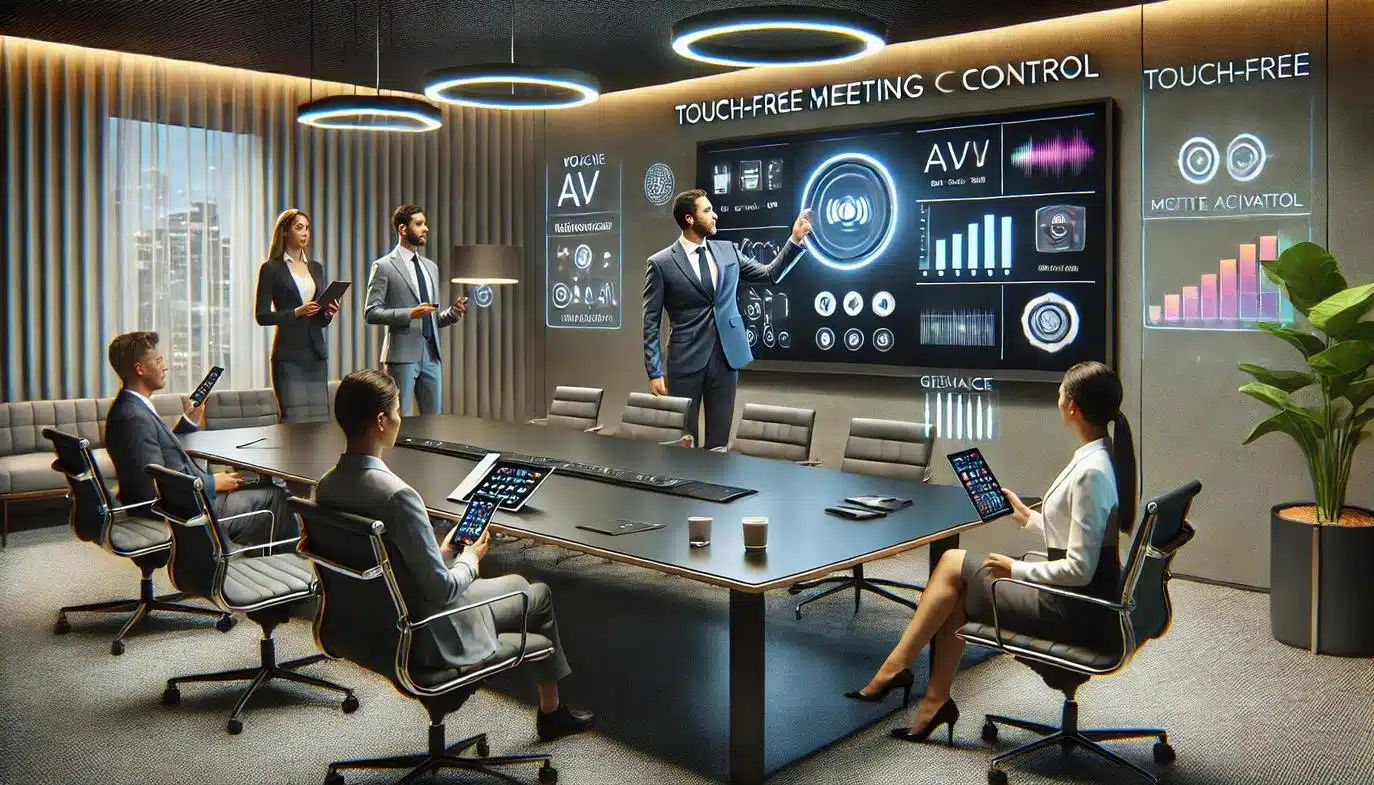 Business meeting in a modern conference room with touch free control