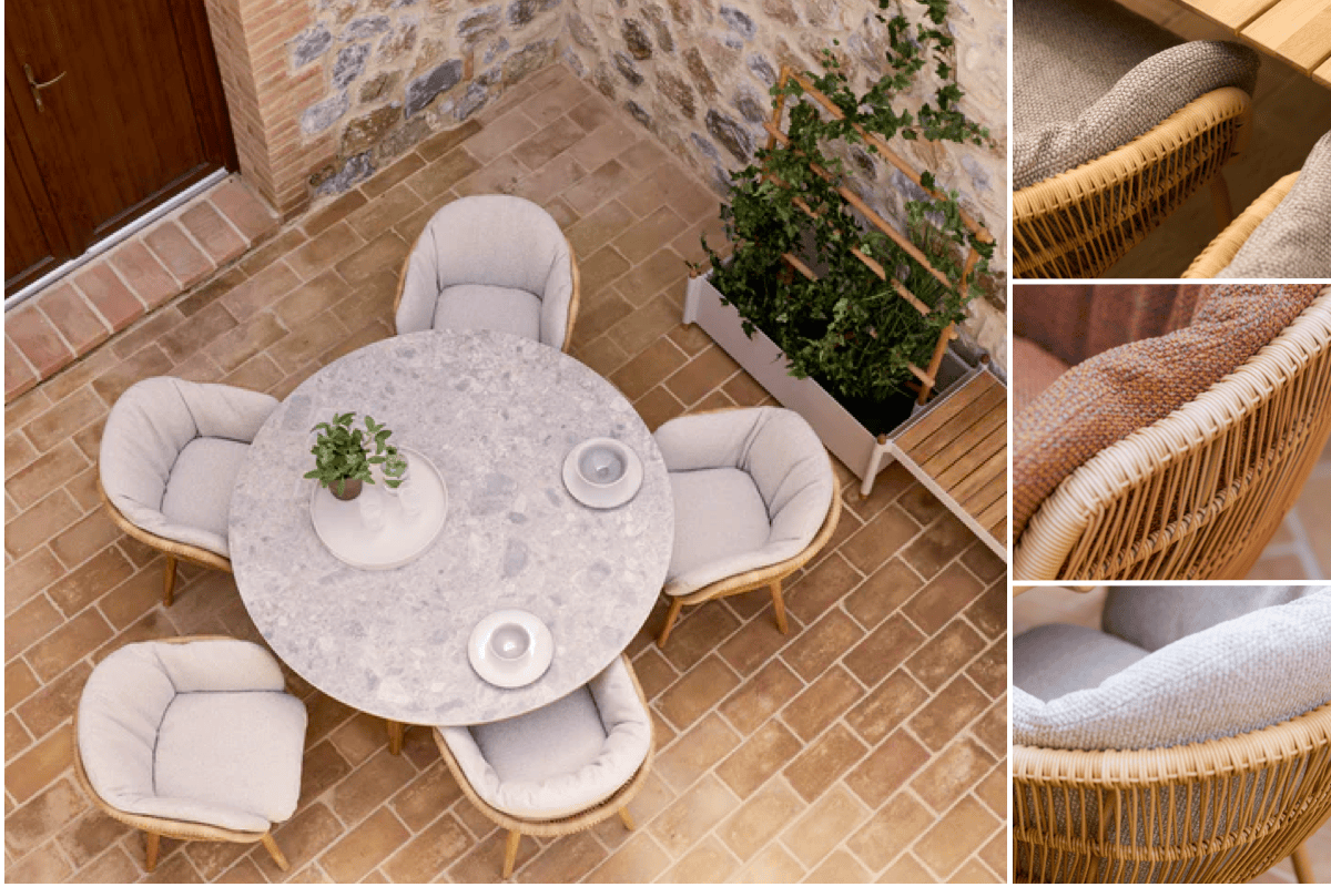 Round outdoor dining table with cushioned woven dining chairs on a brick courtyard, shown with detail views of the woven frame and textured upholstery.