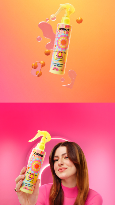 Hair product spray bottle with colorful background and model holding it.