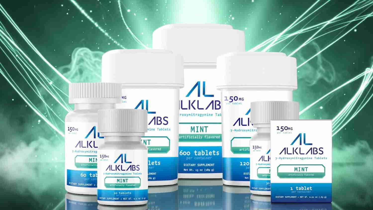 Bottles of supplements against a glowing green background.