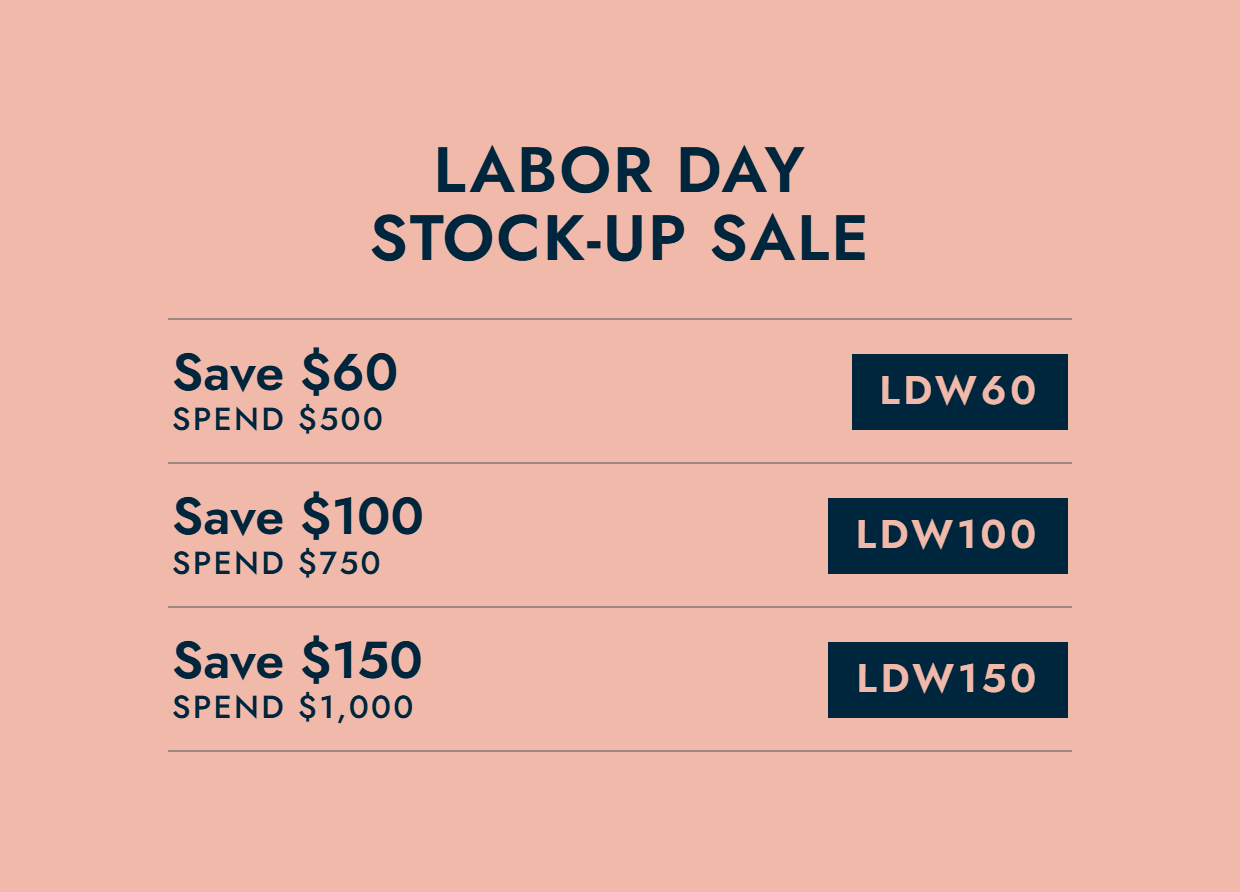 Labor Day stock-up sale with savings details and discount codes.