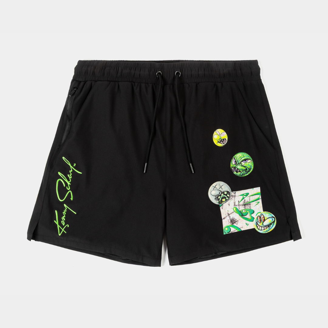 Black swim shorts with colorful graphics and a drawstring waist.