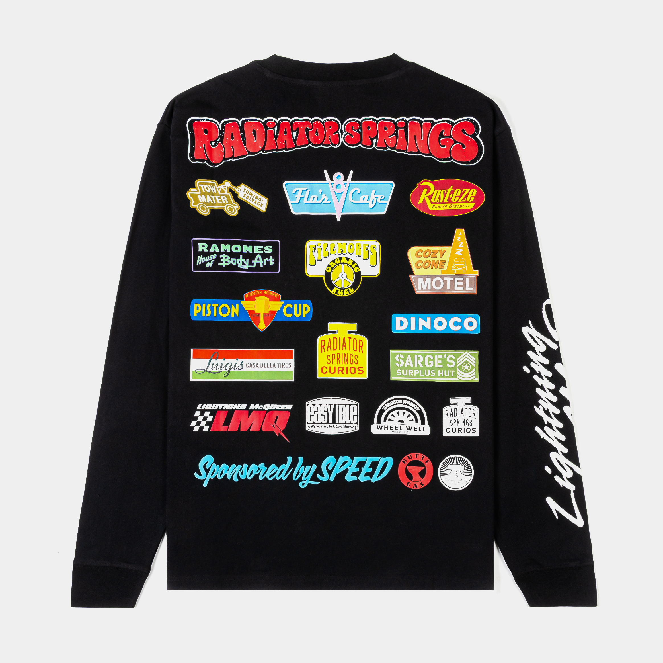 Black long-sleeve shirt featuring colorful cartoon cars from the movie 