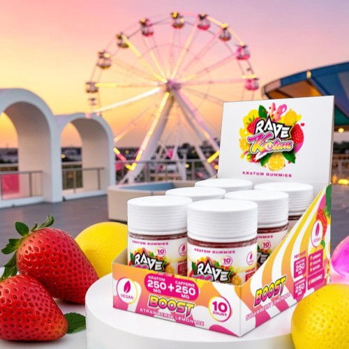 Colorful display of supplements with fruits and a ferris wheel in the background.