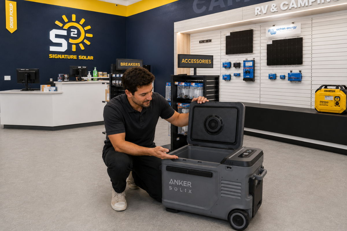 Person examining an Anker SOLIX portable cooler in a retail store.