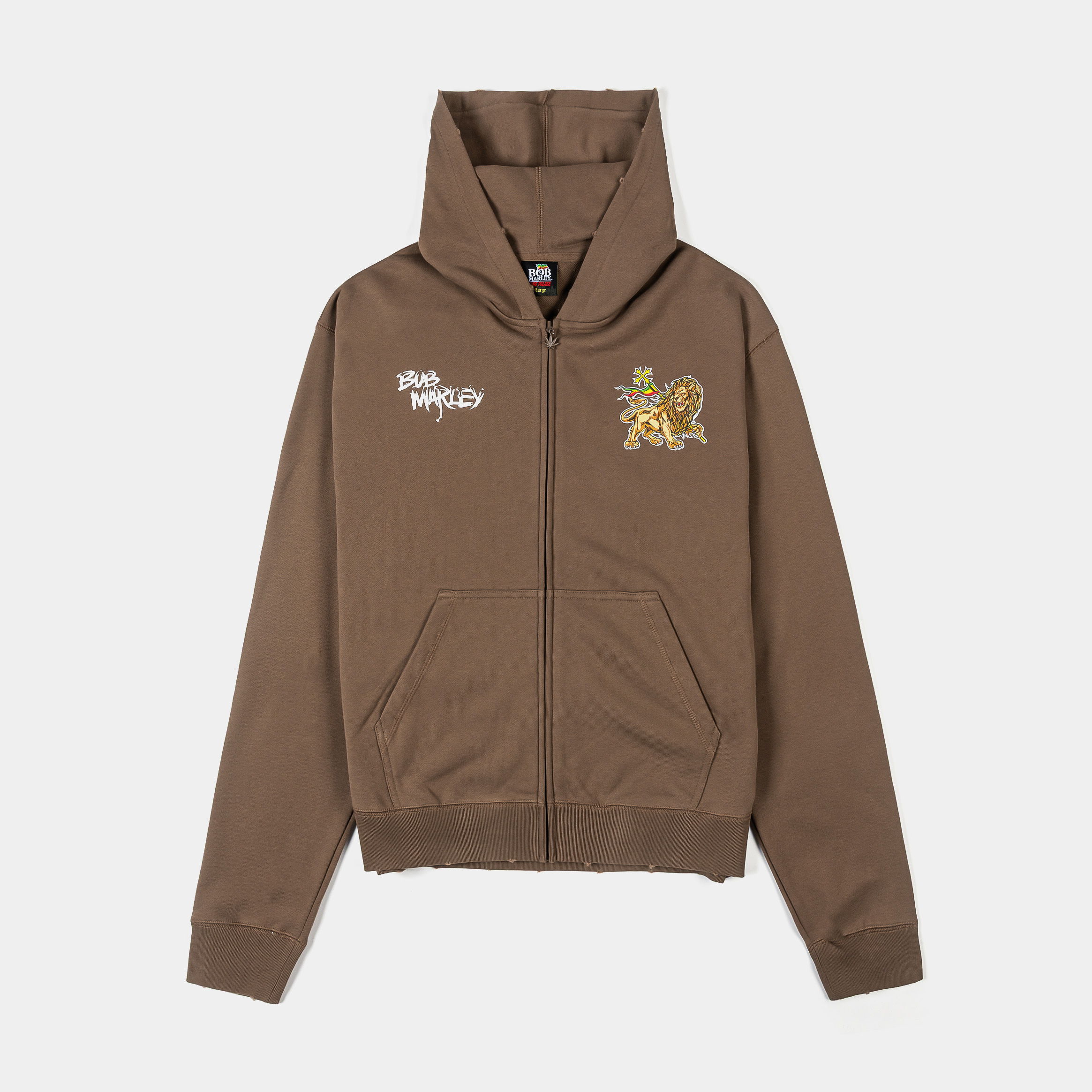 Brown zip-up hoodie with graphic design on the front.