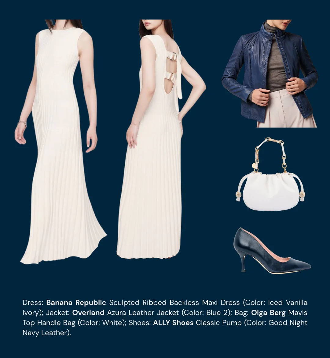 Fashion items including a dress, jacket, bag, and shoes on a blue background.