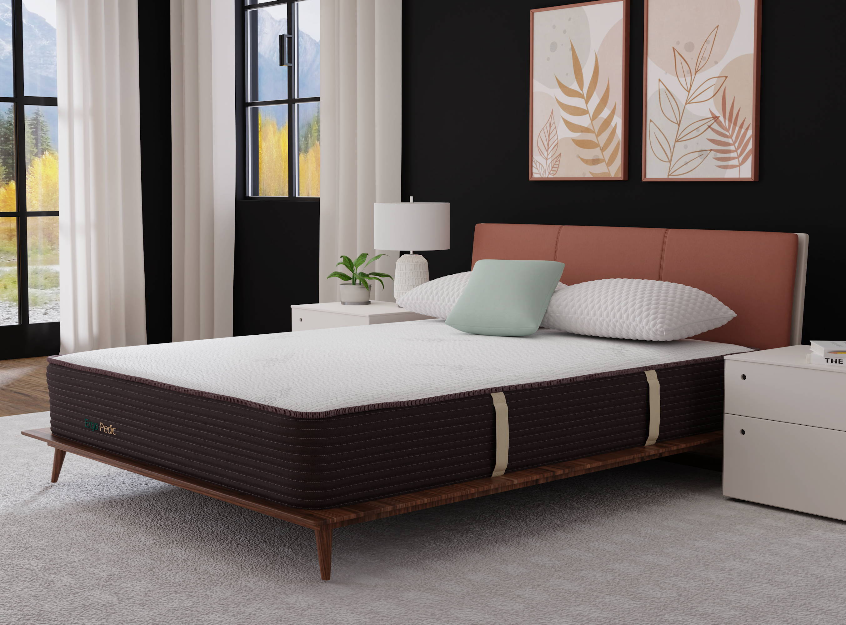 Cooling CopperCloud Hybrid in a bedroom on a platform bed with charcoal walls.