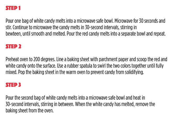 Microwave candy melts per package instructions. Preheat oven to 200 degrees. Line baking sheet with parchment paper and scoop melted candy onto surface, using spatula to swirl colors together. Put baking sheet in warm oven. Microwave second bag of white candy melts, and remove baking sheet from oven.