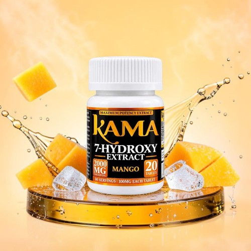 Bottle of Kama 7-Hydroxy Extract with mango pieces and ice cubes.