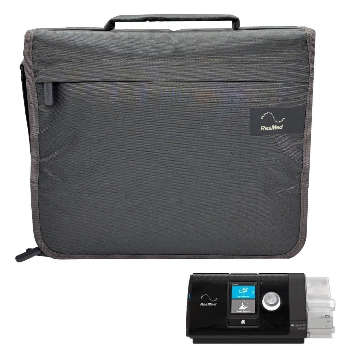 ResMed travel airway machine with carrying case on a white background