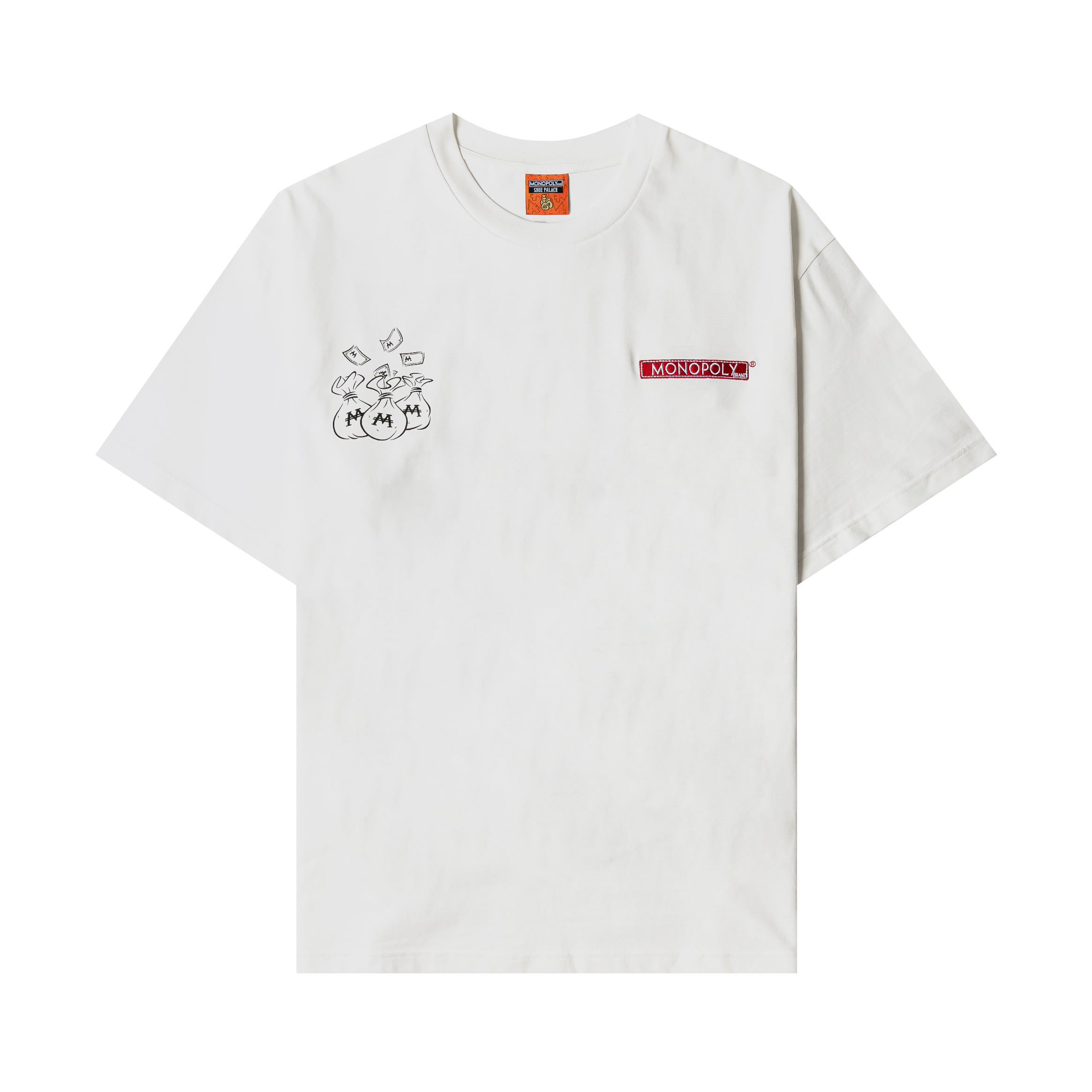 White t-shirt with graphic design and logo on the chest.