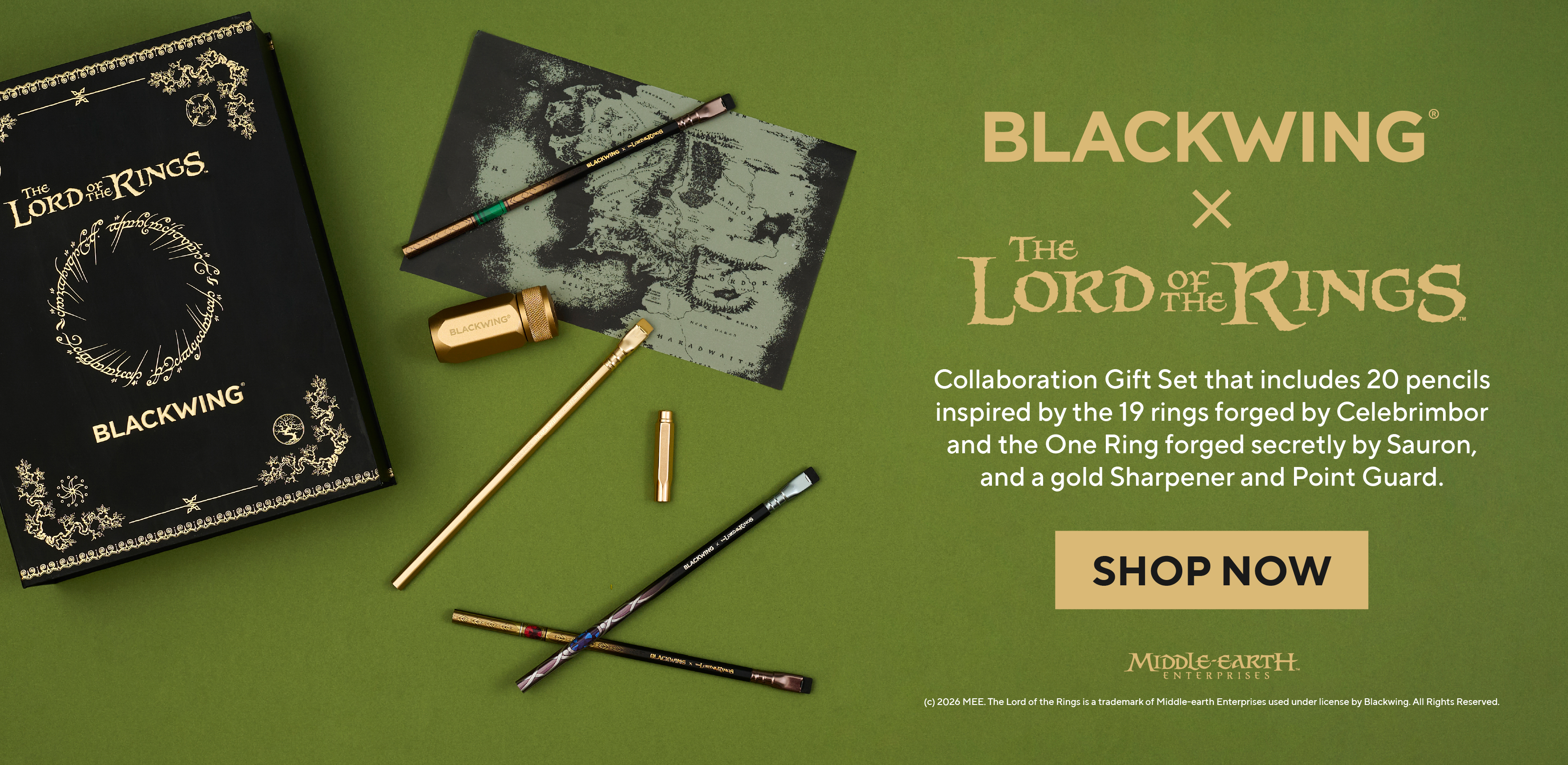 Blackwing x The Lord of the Rings collaboration with pencils and notebook on green background. Collaboration Gift Set that includes 20 pencils inspired by the 19 rings forged by Celebrimbor and the One Ring forged secretly by Sauron, and a gold Sharpener and Point Guard. 
