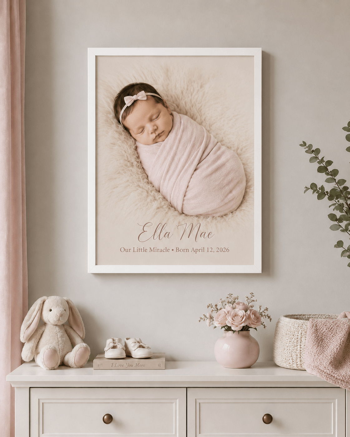 Framed portrait of a sleeping baby girl named Ella Mae.