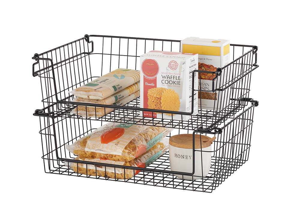 black wire baskets stacked with items inside