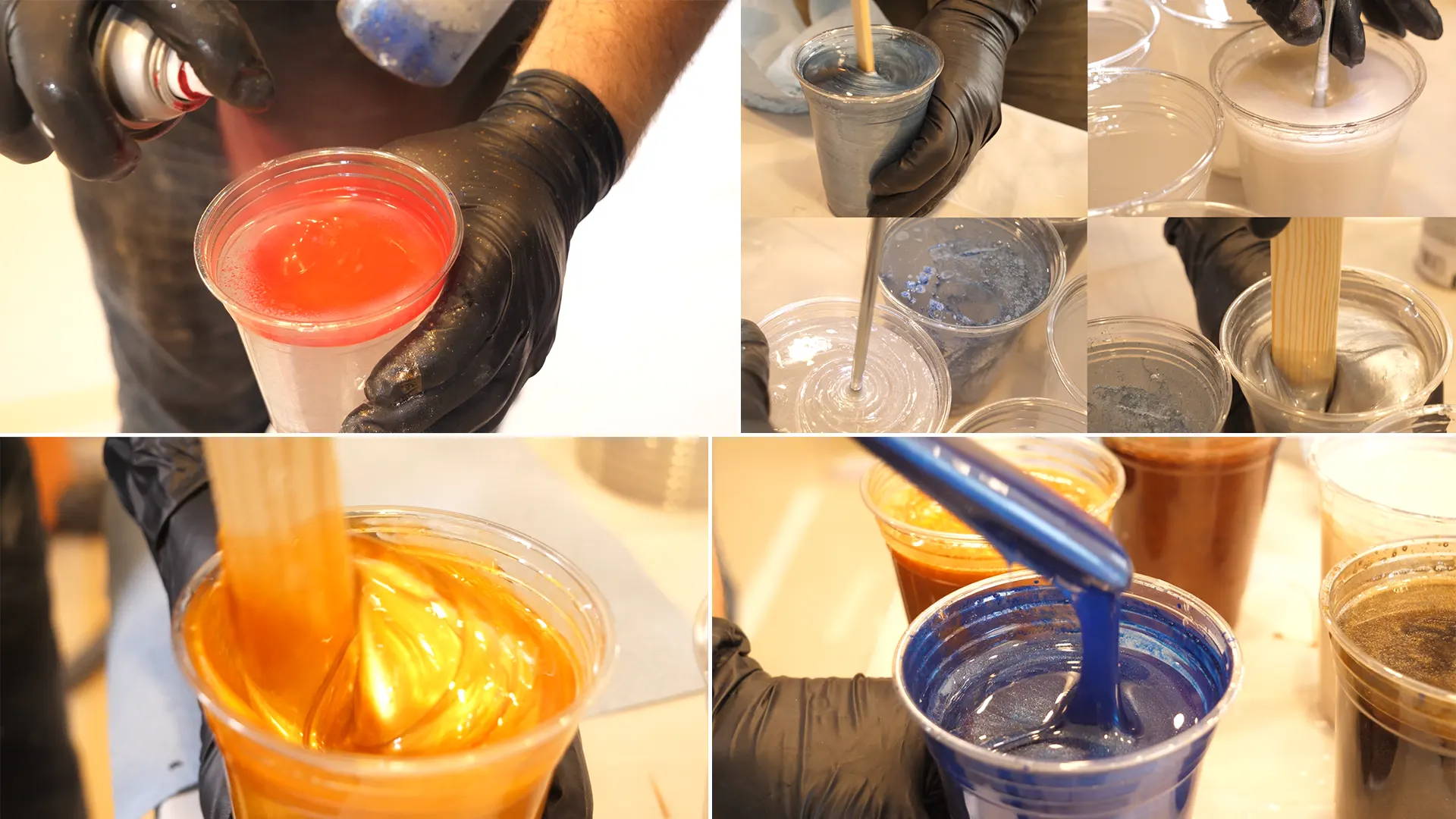 Mixing tinted epoxy thoroughly to achieve even consistency in each cup, ensuring no dry clumps in metallic powders.