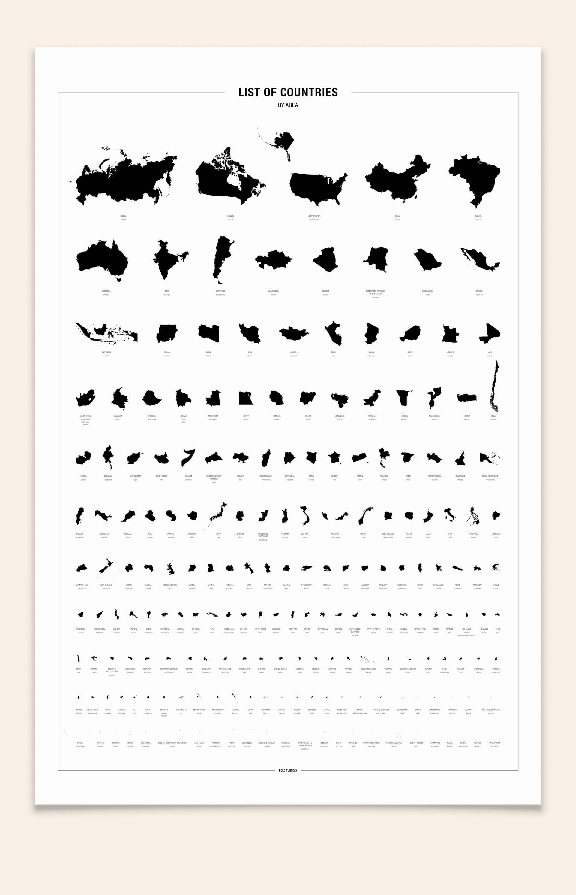 196 Countries by Size World Map Poster (Capital Names Included) - Bold ...