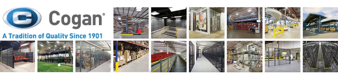 Collage of various Cogan products, including mezzanines, lockers, partitions, guard rails and cantilever racking.