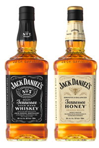 Two bottles of Jack Daniel's whiskey: black label and honey flavor.