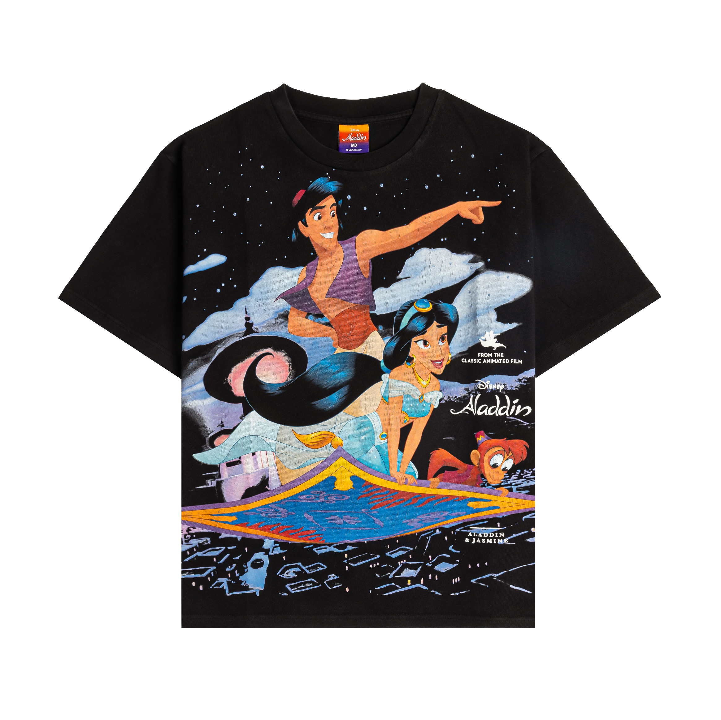 Black t-shirt featuring Aladdin and Jasmine on a magic carpet.