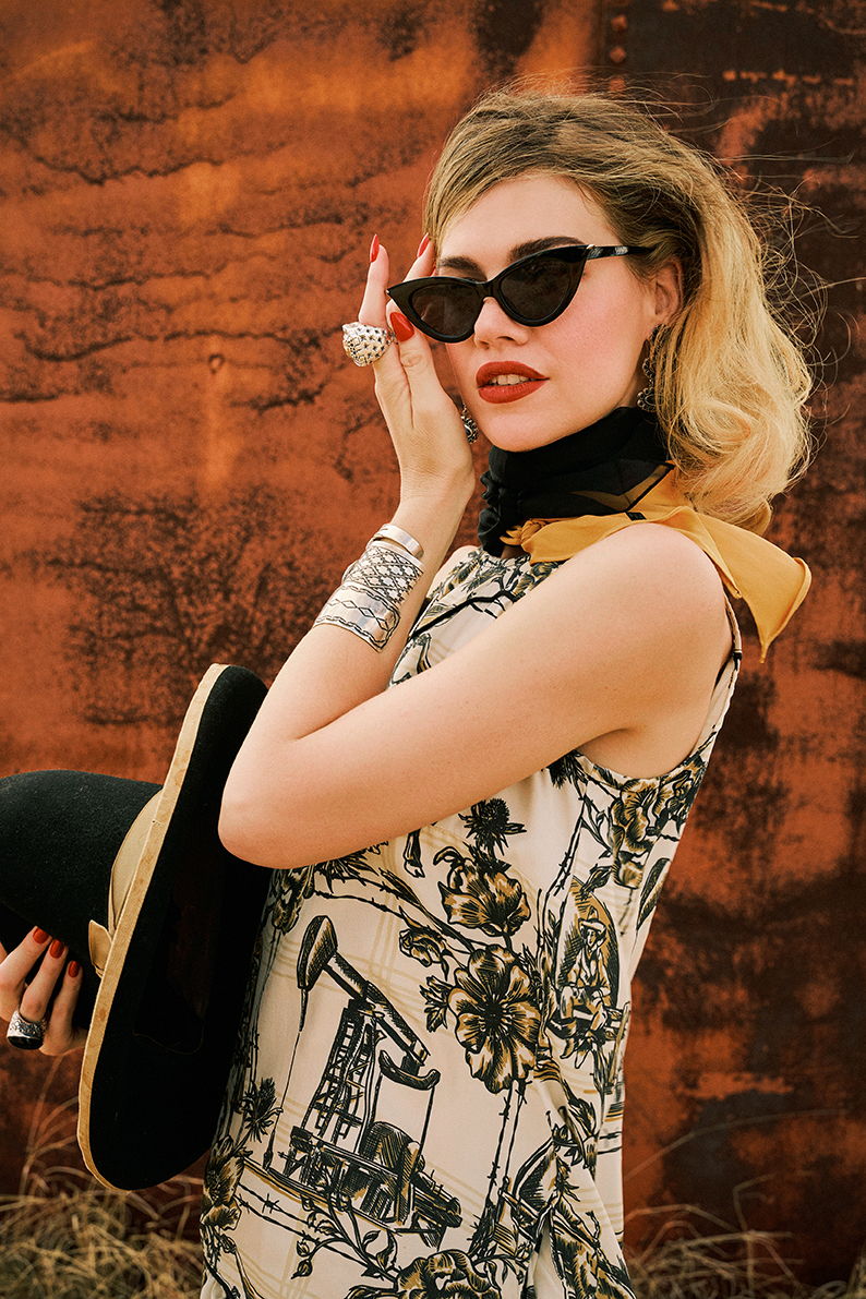 Lozzie wearing the Petrol Plaid Tunic Dress with Double D Ranch jewelry and accessories. 