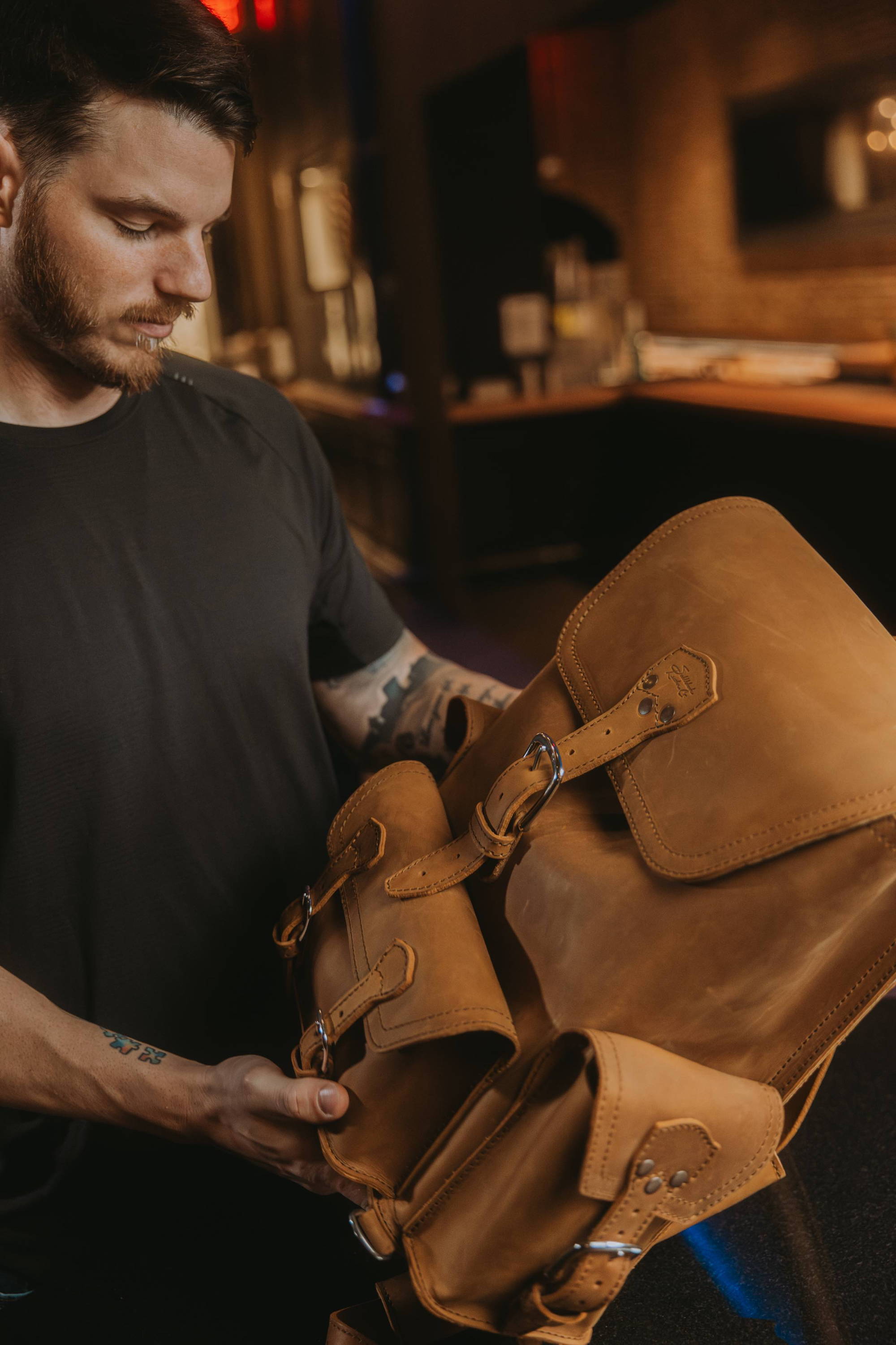 Jonah Heim with the Front Pocket Leather Backpack.