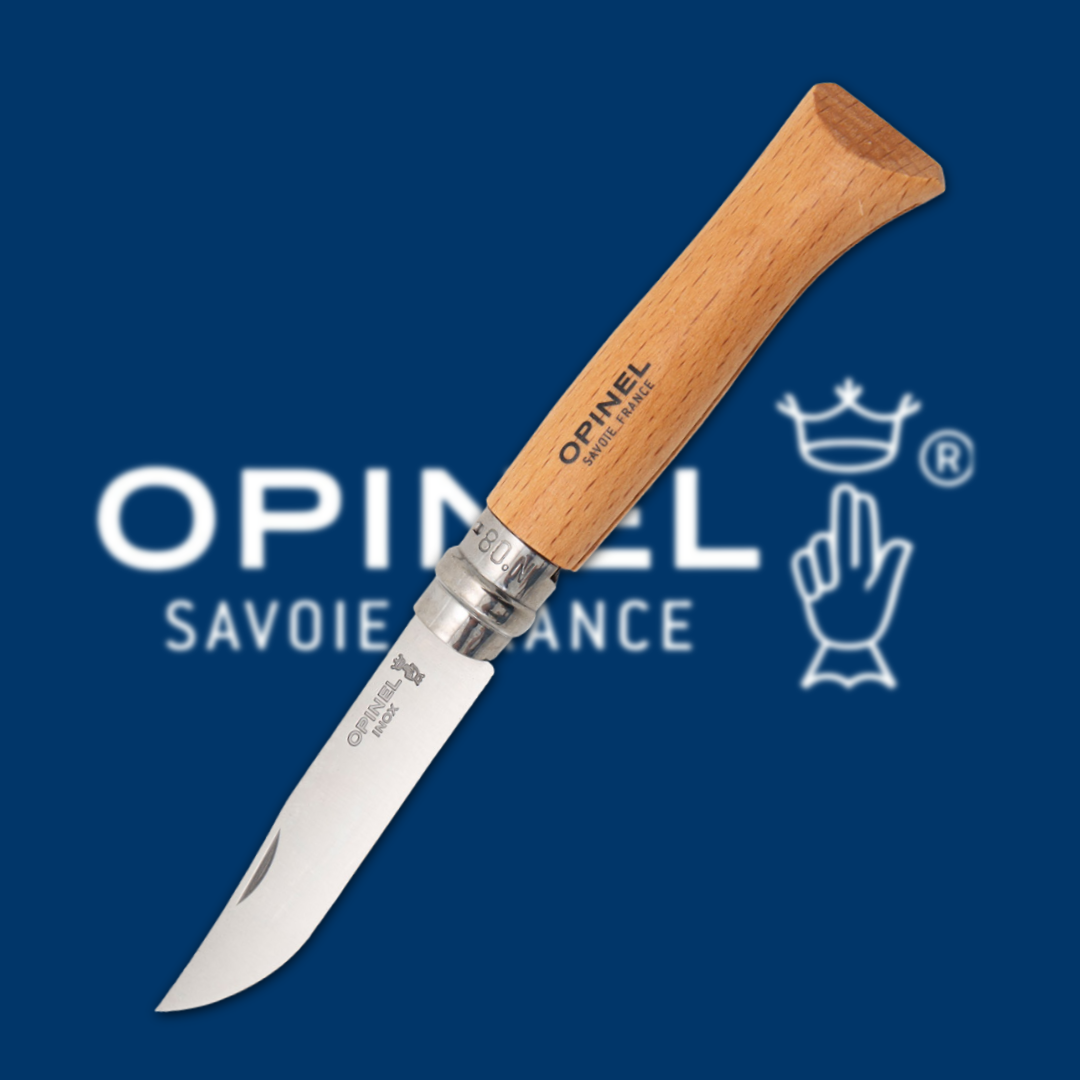Wooden-handled Opinel knife with a stainless steel blade on a blue background.