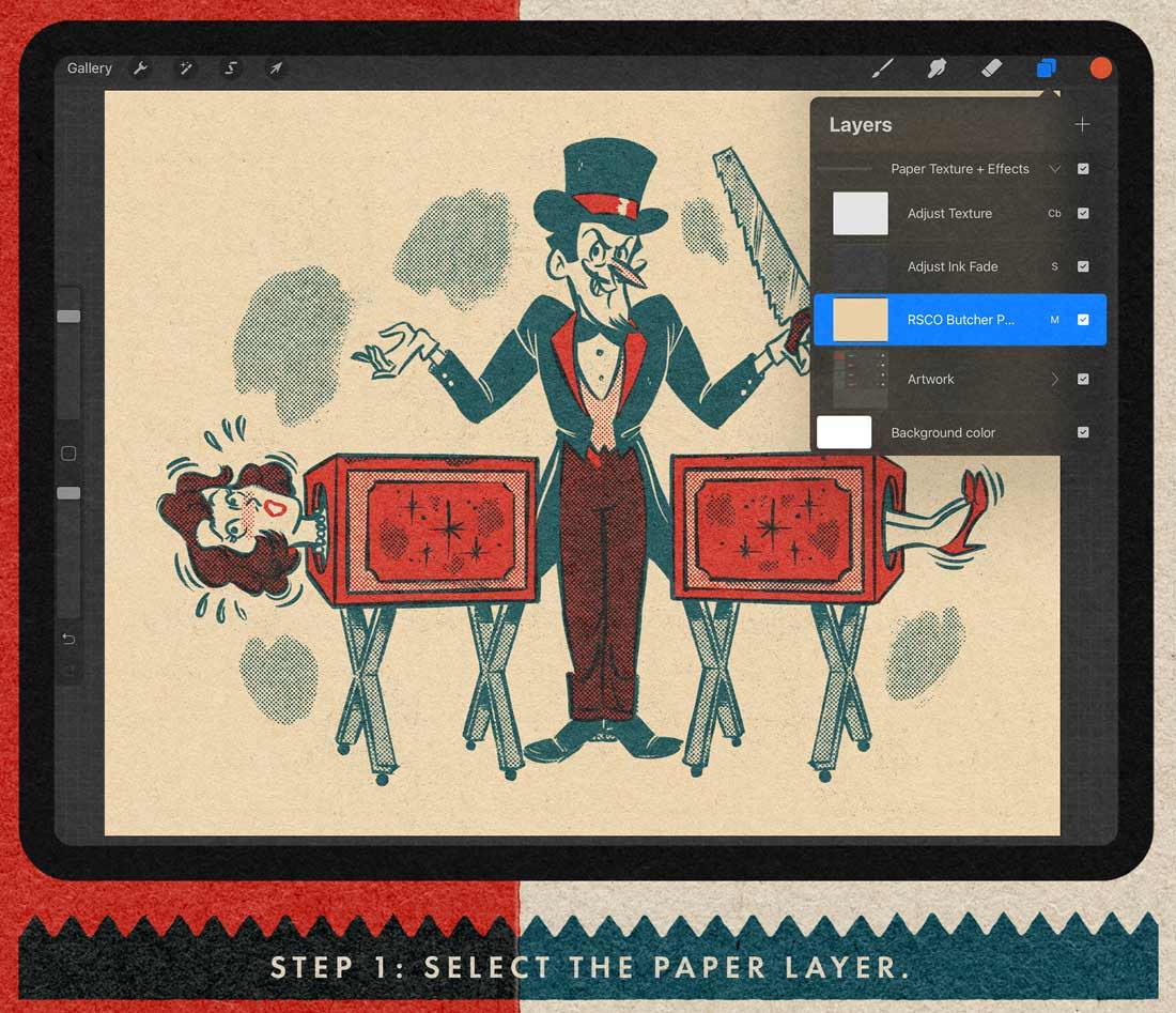 Drawing of magician in Procreate with Layers Panel showing selected paper texture layer.