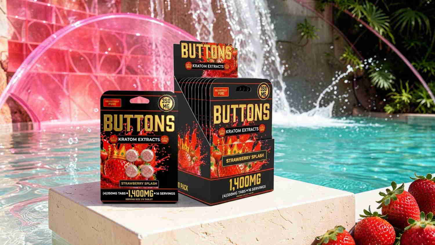 Three boxes of Buttons candy near a pool with strawberries.
