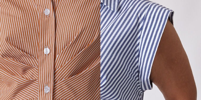 Two shirts: one brown checkered, one blue striped, showcasing different styles.