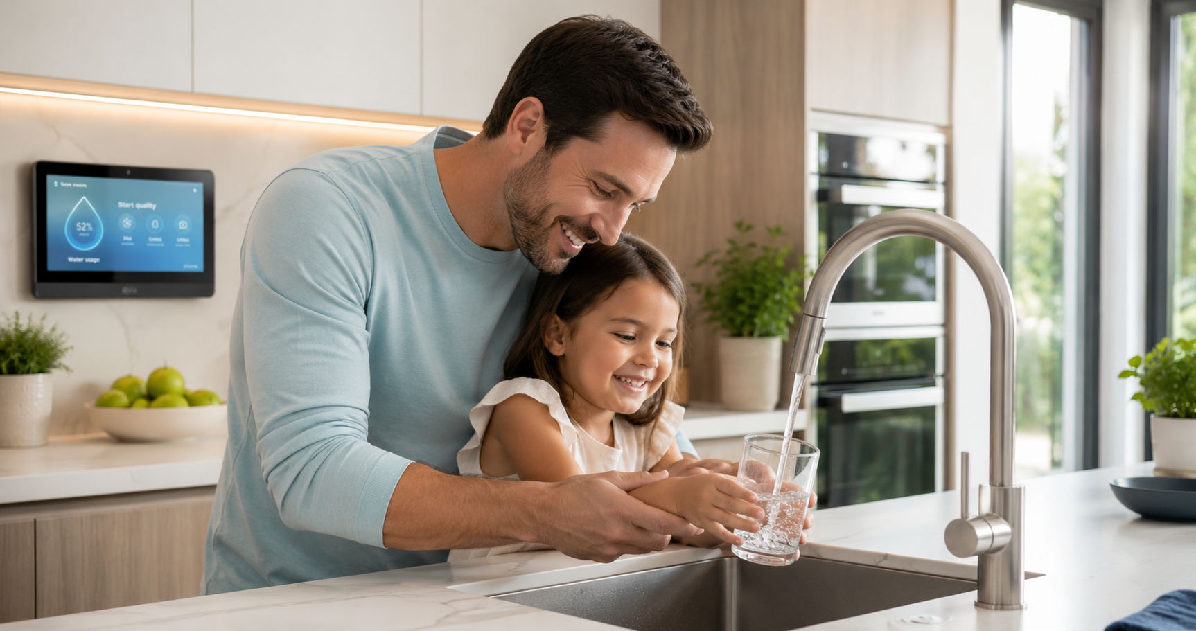 A man and a girl enjoy washing hands at a modern kitchen sink.