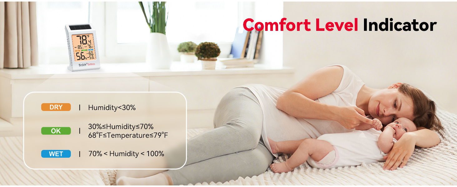 A mother and child relaxing together, with a comfort level indicator chart.