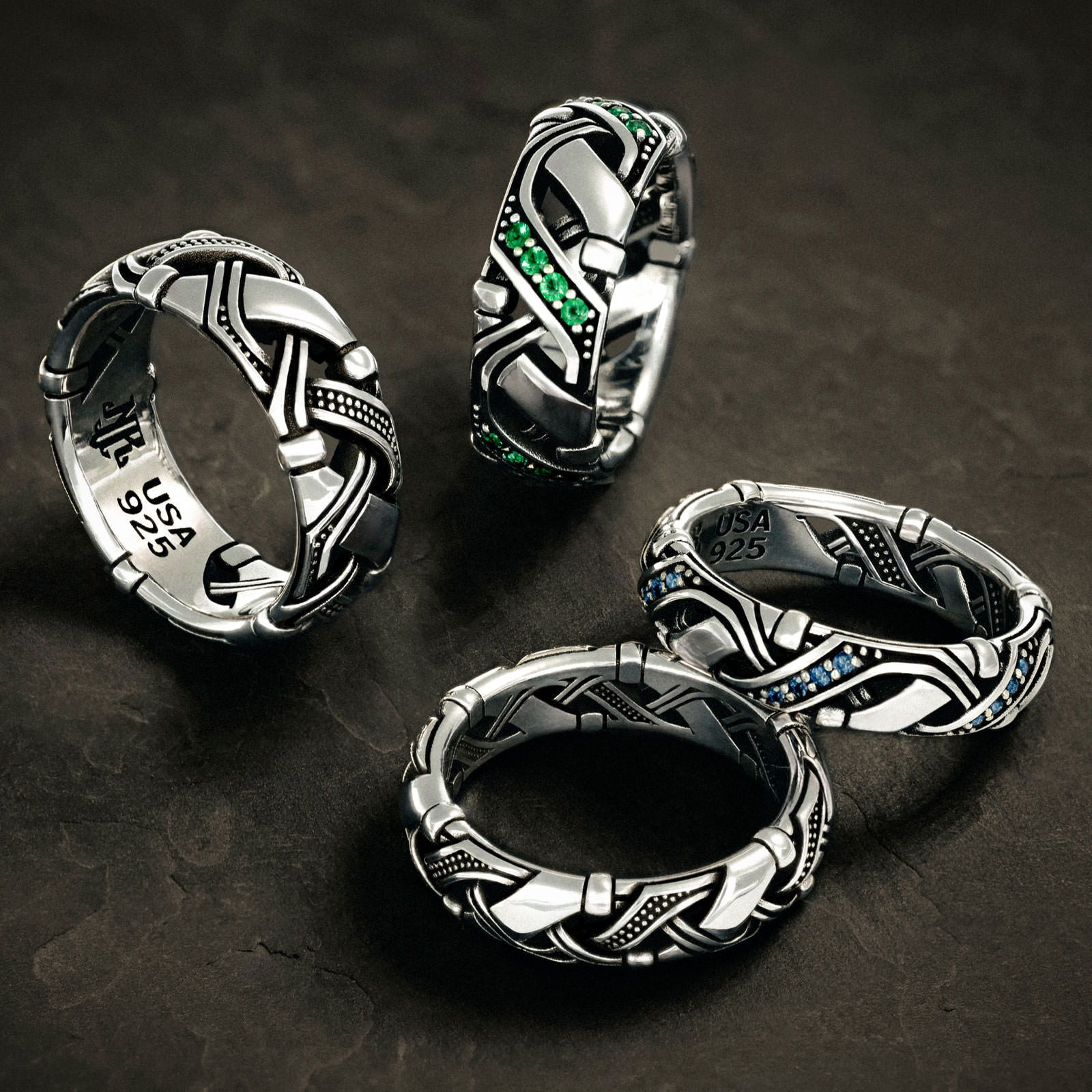 Valhalla Band - Shown in 6.5mm and 8.5mm Sterling Silver variants, with and without gemstones