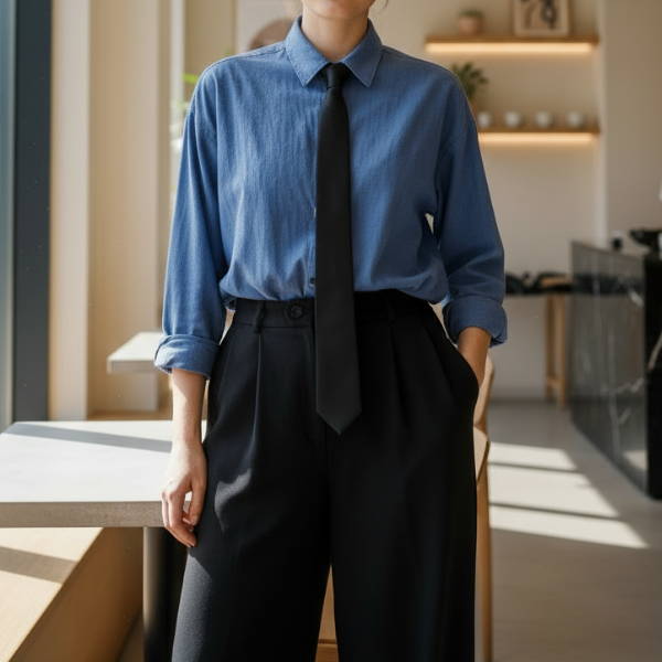 Woman stylishly wearing a black necktie with a blue shirt and black trousers