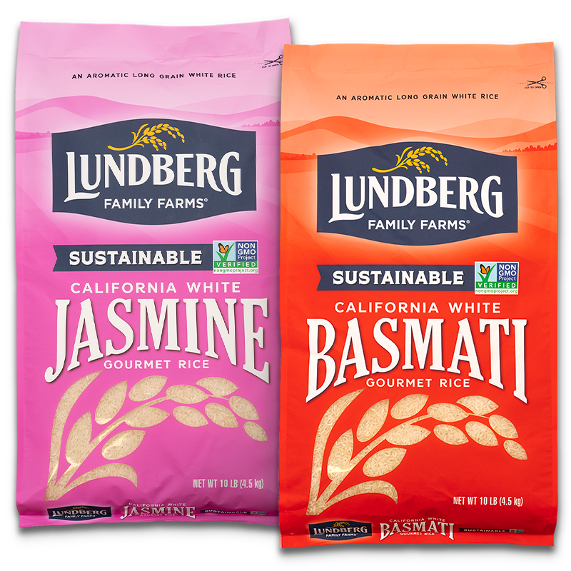 Lundberg White Jasmine and White Basmati rice in 10 lb. bags.