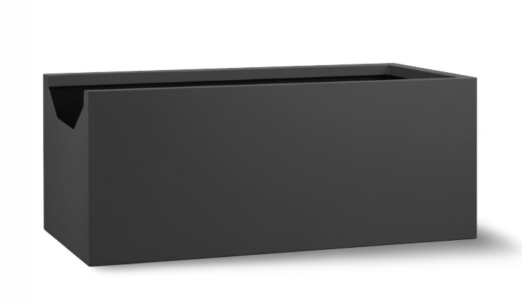 Black rectangular storage box with an open top and cutout handle.