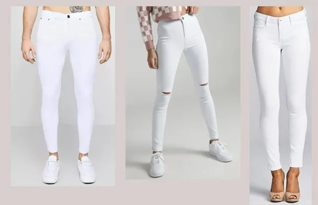 Three pairs of white skinny jeans on different models.