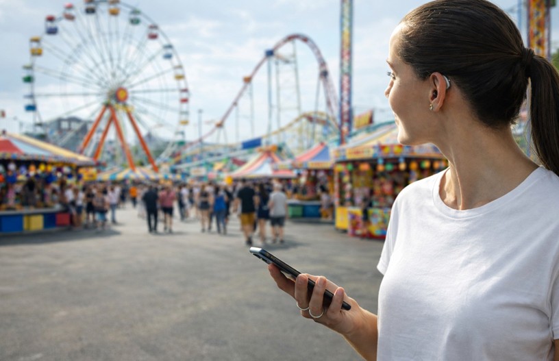 Student using assistive listening at an amusement park for way finding