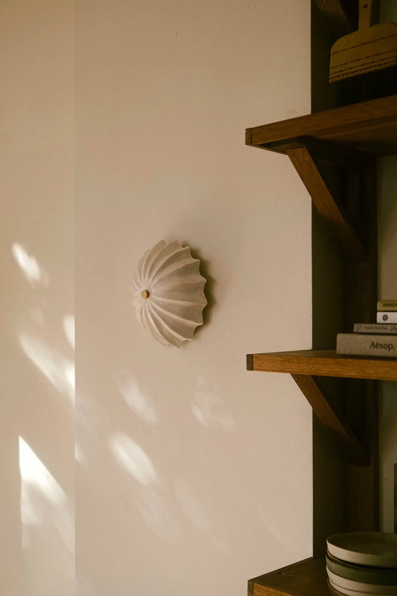 A wall with a Hexacorallia sconce and a wooden shelf with items.