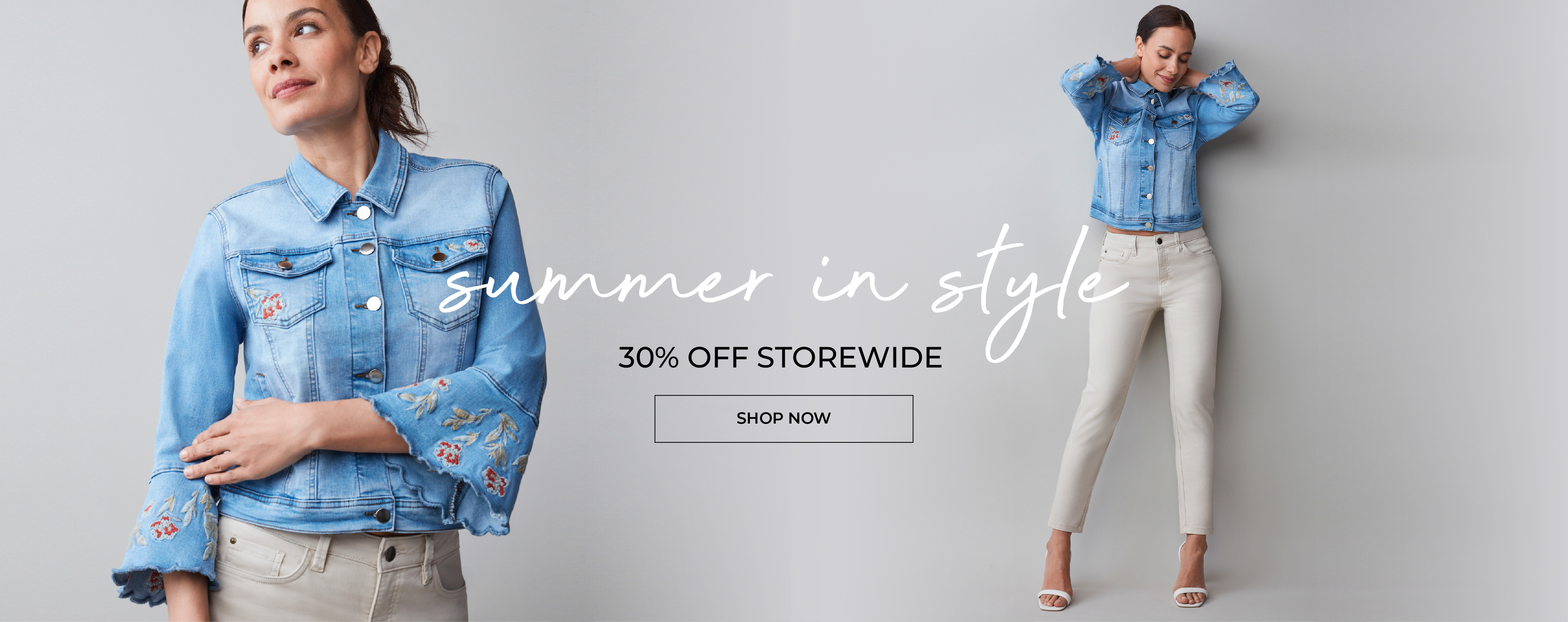 Model showcasing summer fashion in a denim jacket and light pants.