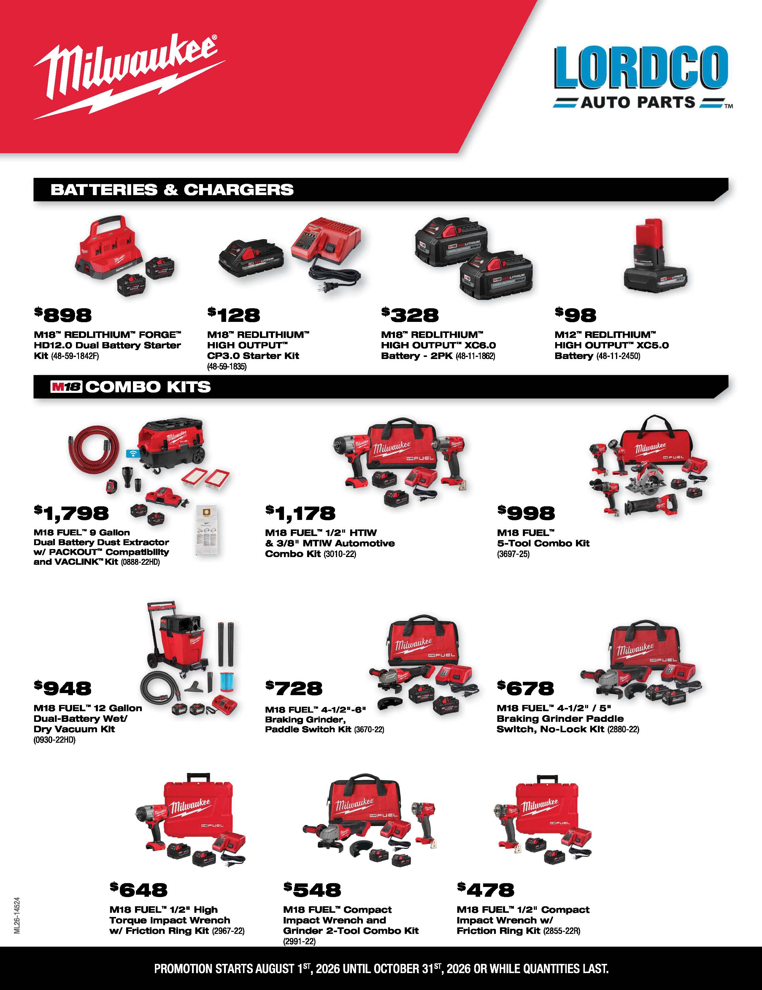 Milwaukee deals on tools and accessories valid from August 1 to October 31, 2026