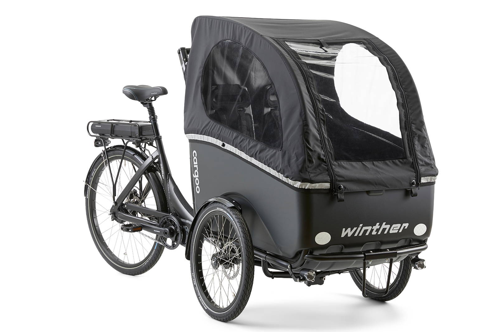 Angled front view of a Winther Cargoo cargo bike in black with black rain canopy