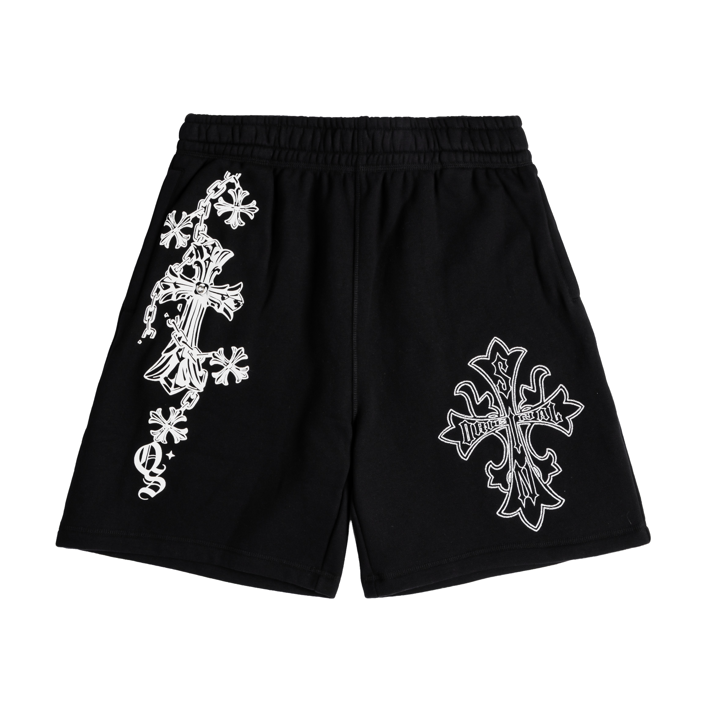Black shorts with white decorative cross designs on both sides.