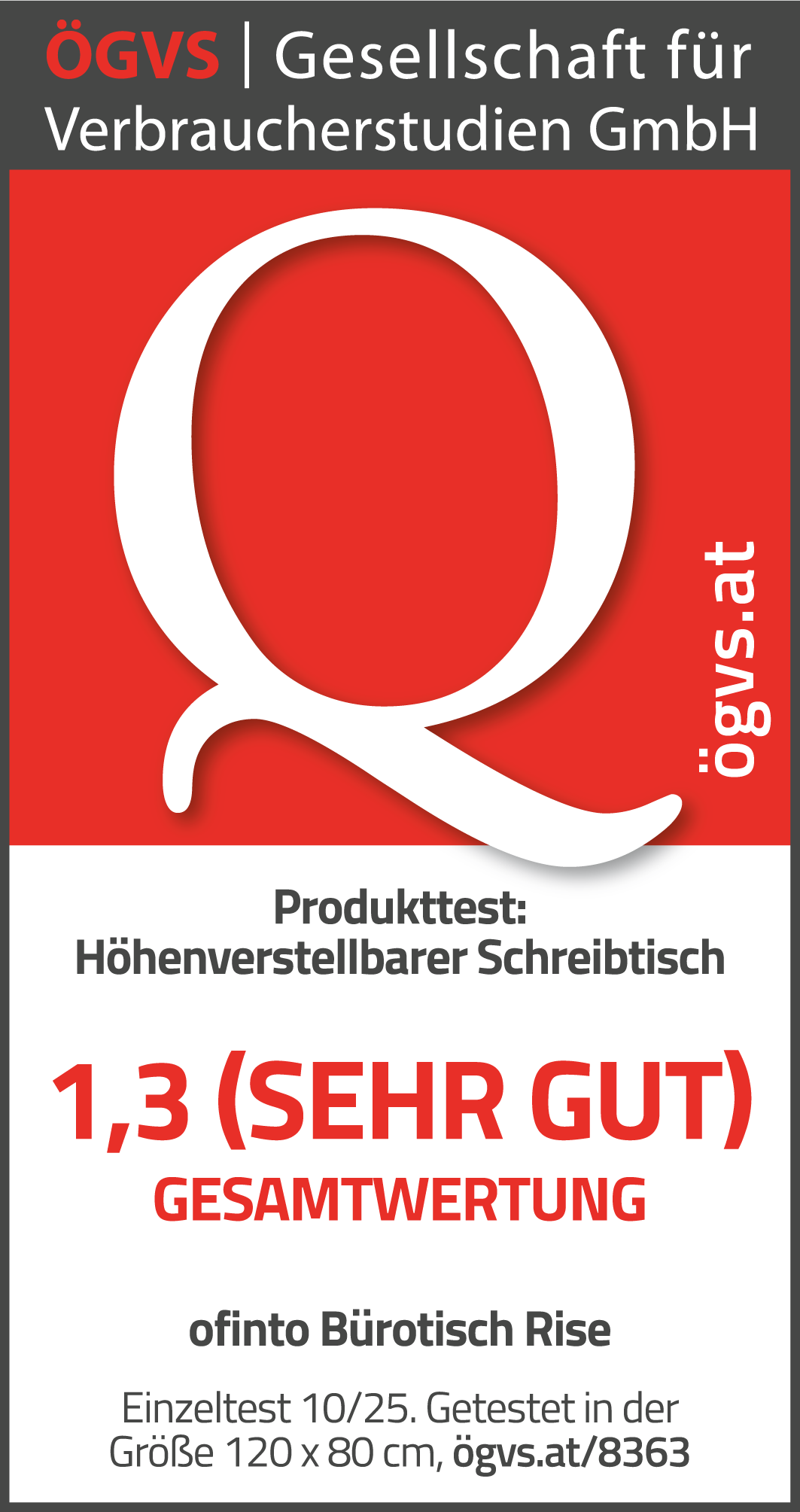 ÖGVS 1,3 (Sehr Gut) Gesamtwertung für den Bürotisch Rise