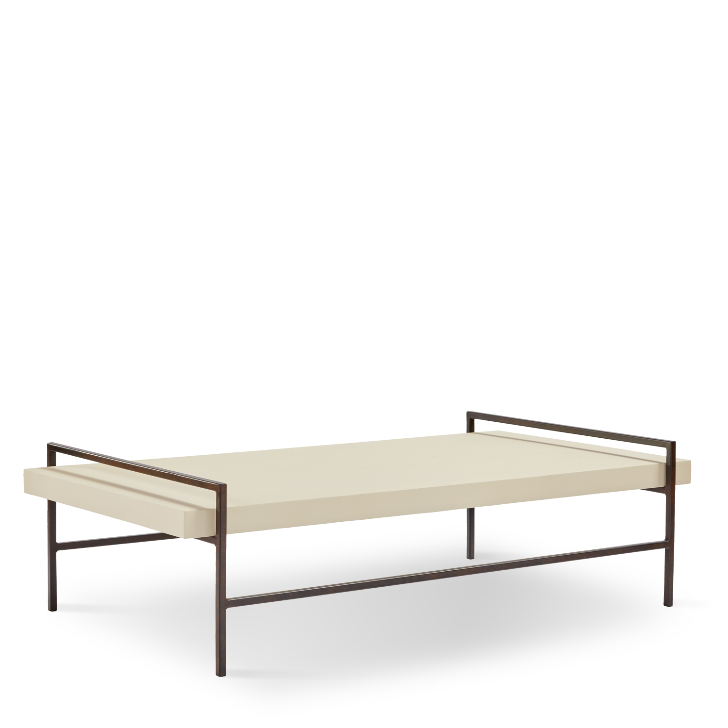Modern bed frame with a minimalist design and beige mattress.